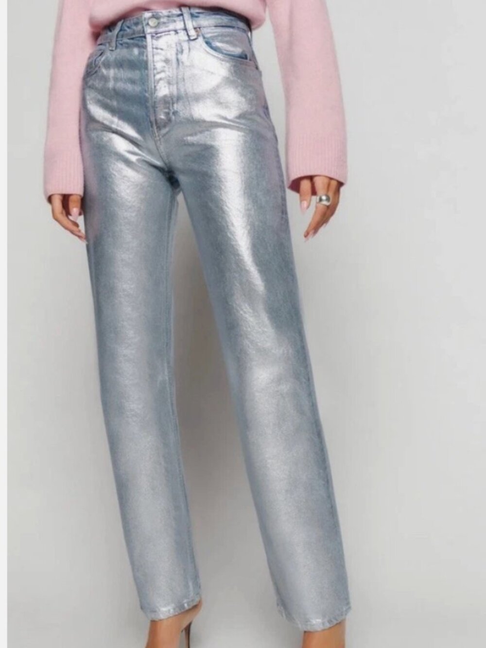 Reformation Cynthia High Rise Coated Silver Jeans